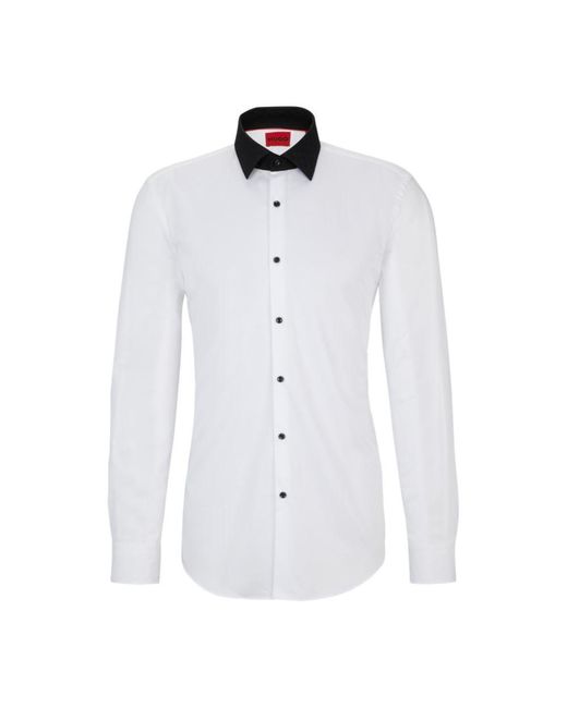 HUGO White Slim-fit Shirt With Contrast Kent Collar for men