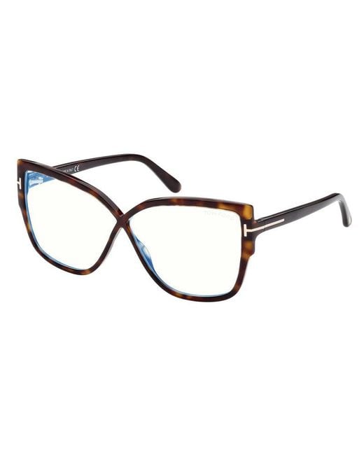 Tom Ford Brown Eyeglasses Cat Eye Full Rim, Shiny Frame And Clear Light Block Lens Ft5828-B001