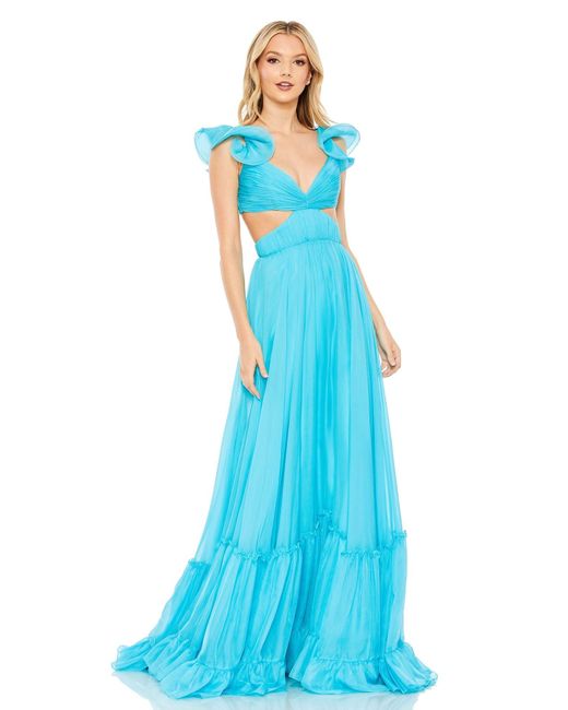 Mac Duggal Blue Ruched Ruffled Shoulder Cut Out Lace Up Gown