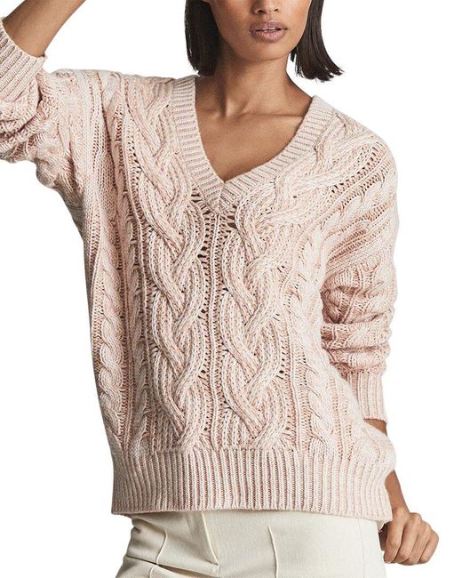 Reiss Natural Esme Cable V-neck Wool-blend Sweater