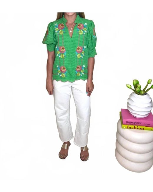 Thml Green Flower Embroidered Stripe Top