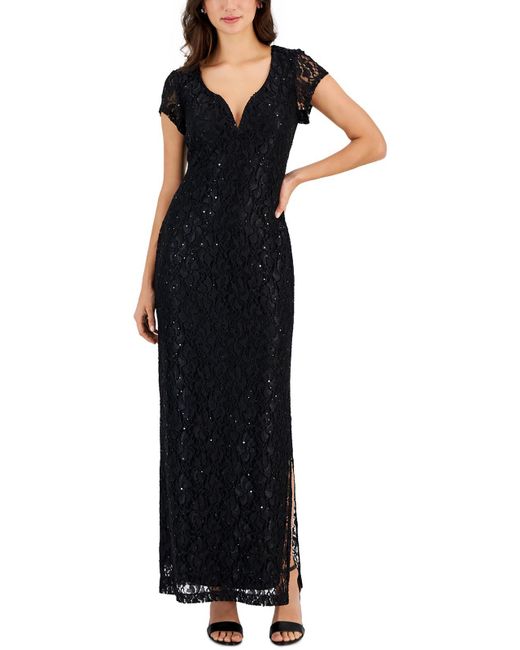 Connected Apparel Black Lace Sequined Evening Dress