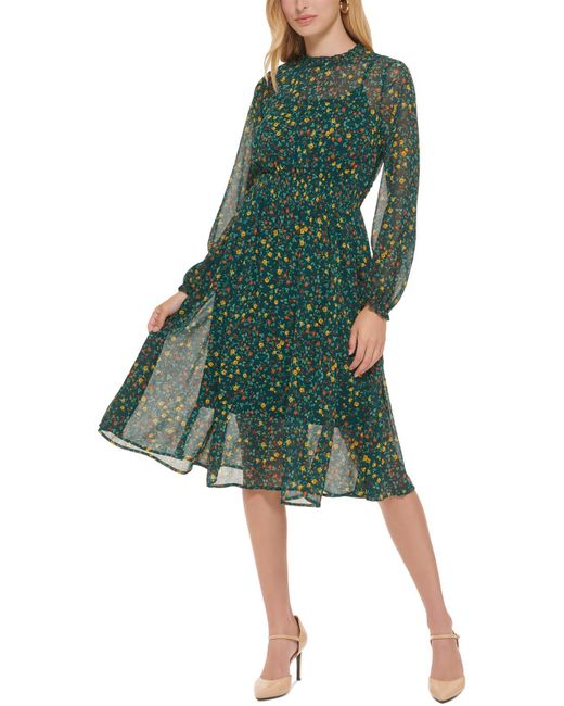 Calvin Klein Green Floral Print Chiffon Midi Dress
