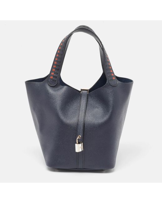 Hermès Blue Bleu Indigo/noir/terre Battue Epsom Leather Picotin Lock Tressage 22 Bag