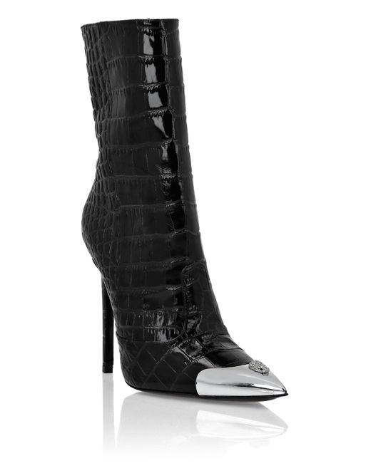 Philipp Plein Black Croco Boots Mid Heels High Skull
