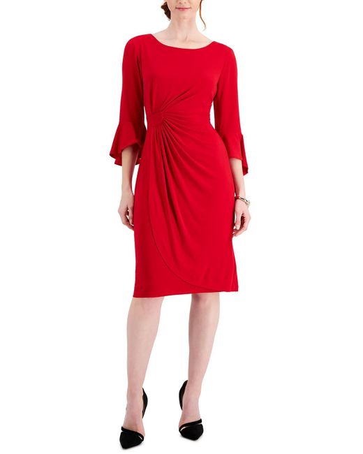 Connected Apparel Red Petites Ruched Bell Sleeves Cocktail Dress