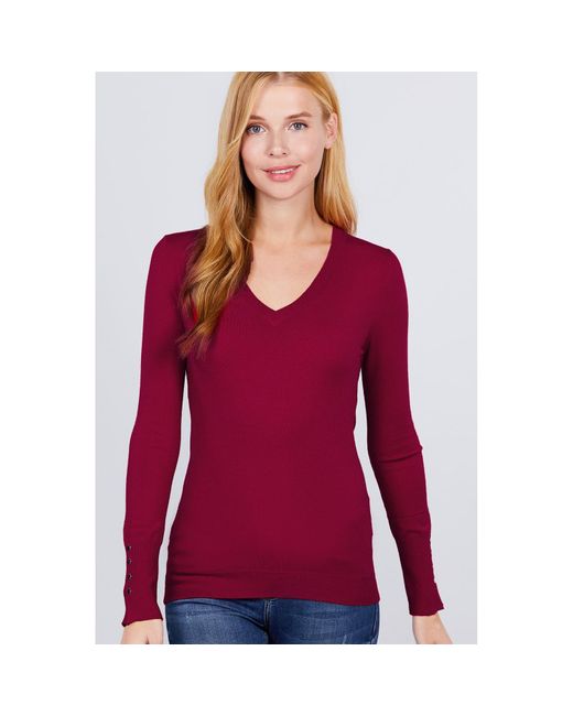Fashnzfab Red V-Neck Sweater W/Rivet Button