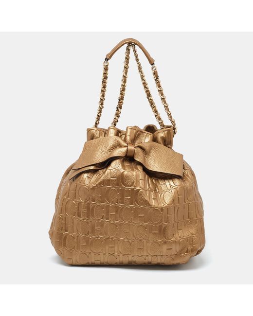 Carolina Herrera Natural Ch Embossed Leather Bow Bucket Bag