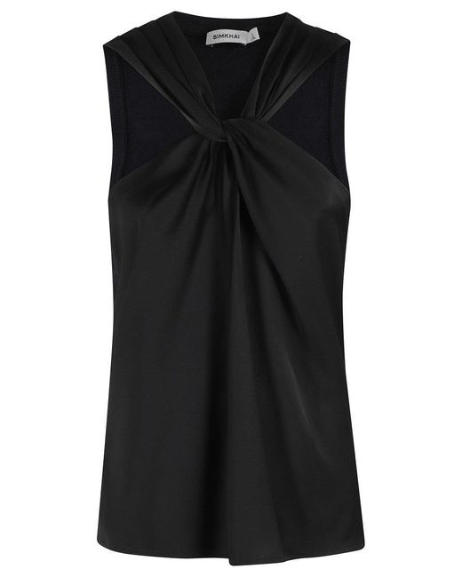 Jonathan Simkhai Black Crossover Neckline Satin-Finish Top With Textured Knit Back