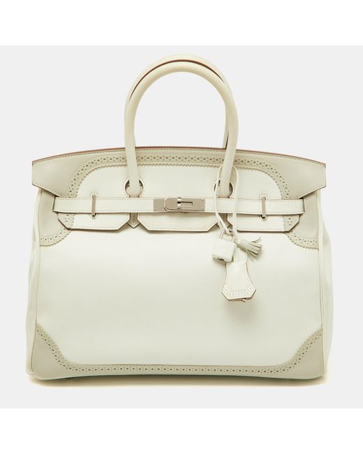 Hermès Natural Blanc/gris Swift Leather Palladium Finish Ghillies Birkin 35 Bag