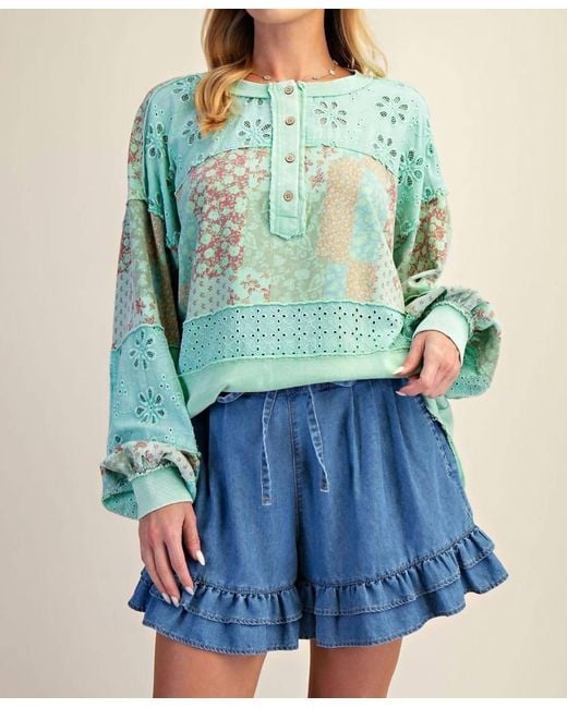 Easel Blue Mixed Print Button Front Washed Top