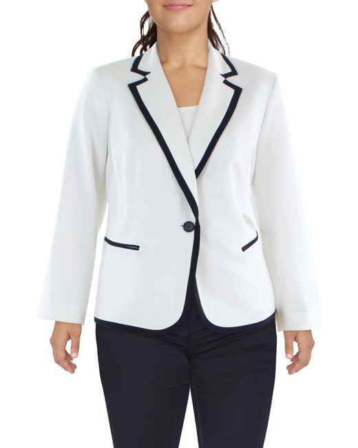 Le Suit White Plus Contrast Trim Notch Collar One-button Blazer