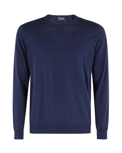 Drumohr Blue Smooth Knit Sweater With Ribbed Cuffs for men