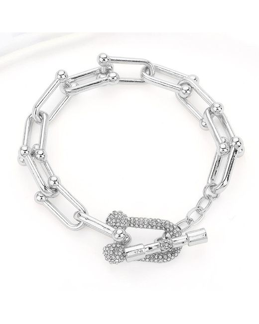 Fashnzfab Metallic Hardware Link Stone Paved Toggle Bracelet Clear, Rhodium