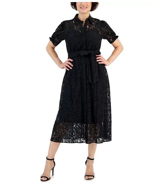 Anne Klein Black Shirt Dress Lace Detail Puff Sleeve Tie Waist Fts1487