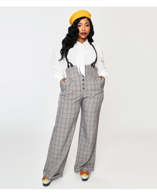 Unique Vintage Gray Plus Size Light Grey Windowpane Thelma Suspender Pants