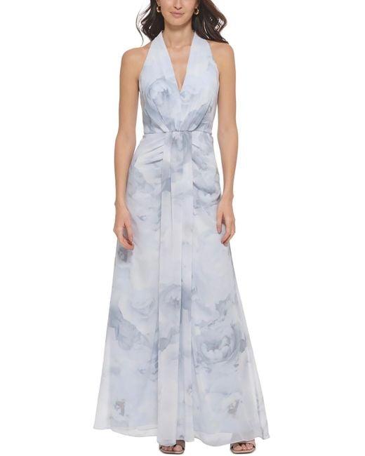 Calvin Klein Blue Chiffon Floral Evening Dress