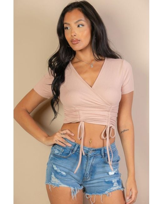 TRUEDAMES Blue Ribbed Ruched Drawstring Surplice Top