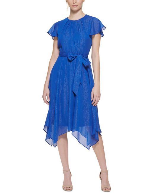 Jessica Howard Blue Petites Chiffon Metallic Midi Dress