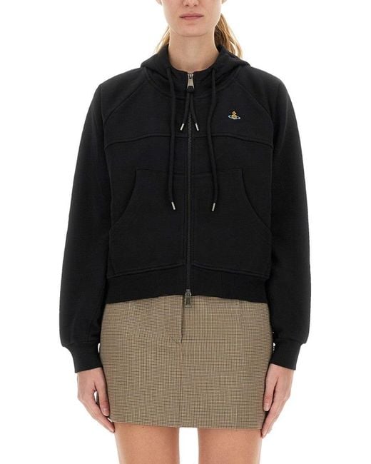 Vivienne Westwood Black Cropped Hoodie With Zipper Closure And Ribbed Details