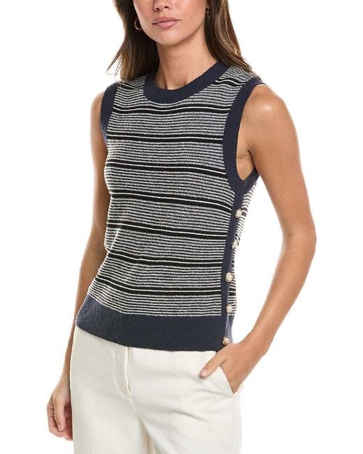 St. John Blue Crew Side Placket Wool-Blend Tank