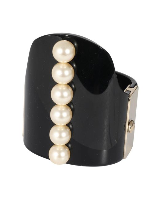 Chanel Black 2015 Gold Tone Resin Hinged Bangle Bracelet With Faux Pearls