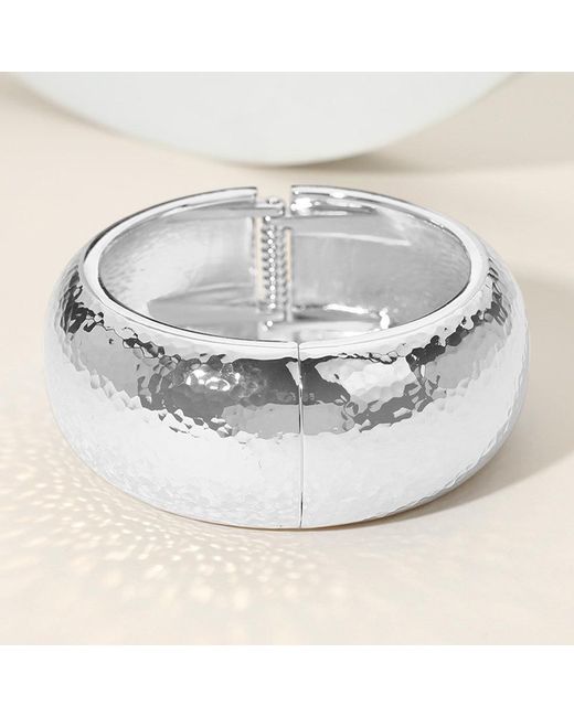 Fashnzfab Metallic Chunky Hammered Metal Hinged Bangle Bracelet Rhodium