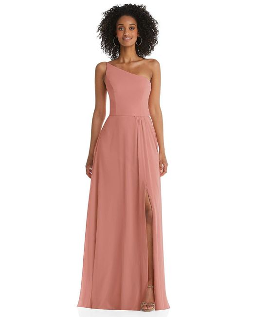 After Six Pink One-shoulder Chiffon Maxi Dress With Shirred Front Slit