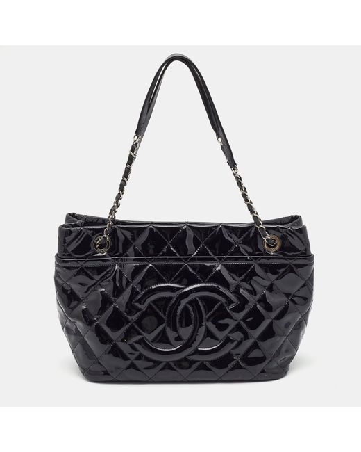 Chanel Black Quilted Patent Leather Cc Timeless Tote