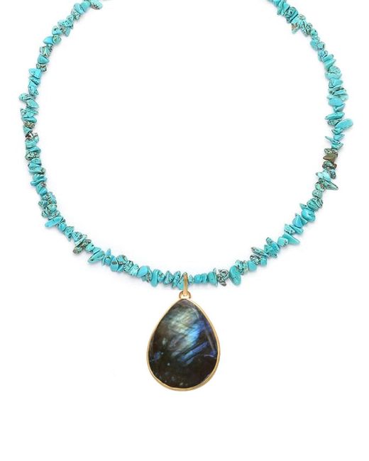 Liv Oliver Blue 18k Gold Turquoise & Labradorite Gemstone Pear Drop Necklace