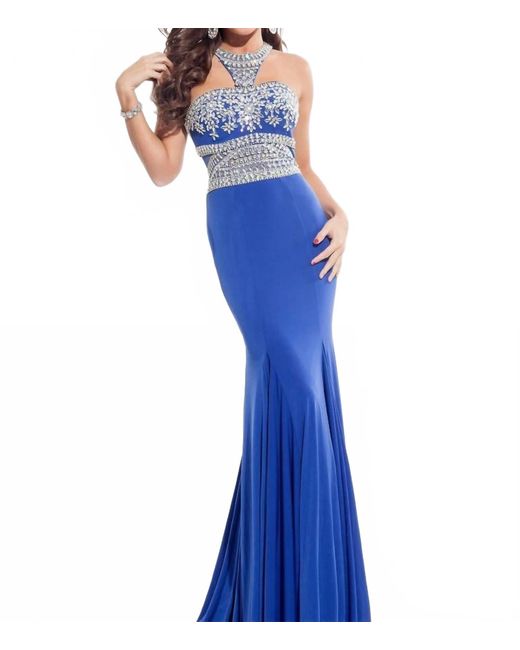 Rachel Allan Blue Halter Neck Beaded Jersey Prom Gown