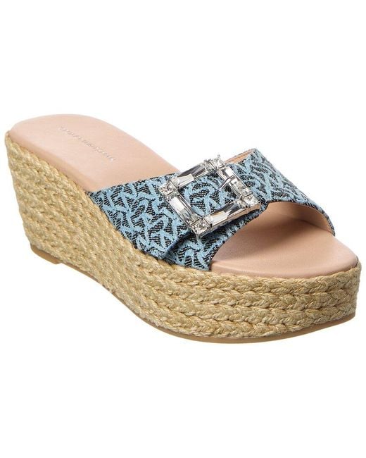 Stuart Weitzman Blue June 75 Leather & Canvas Wedge Slide