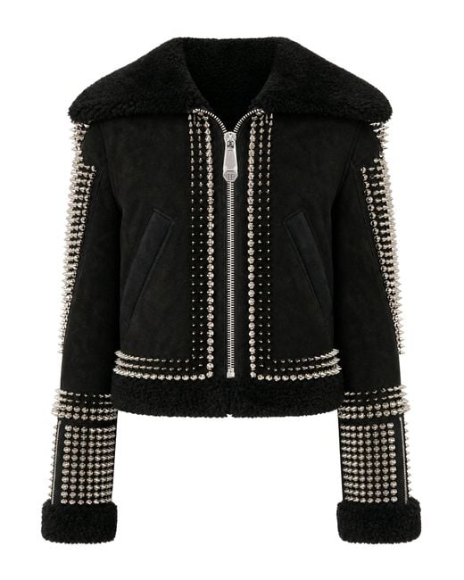 Philipp Plein Black Shearling Leather Cropped Jacket Studs