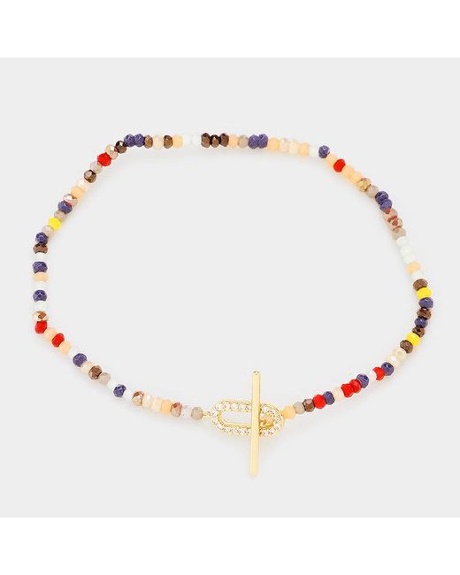 Fashnzfab Metallic Faceted Beaded Rhinestone Oval Accented Stretch Toggle Bracelet