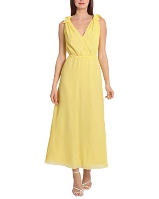 Maggy London Yellow Bow Tie Strap Accordion Midi Dress