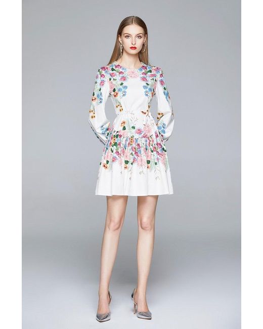 Kaimilan White & Multicolor Floral Print Day A-line Crewneck Long Sleeve Mini Dress