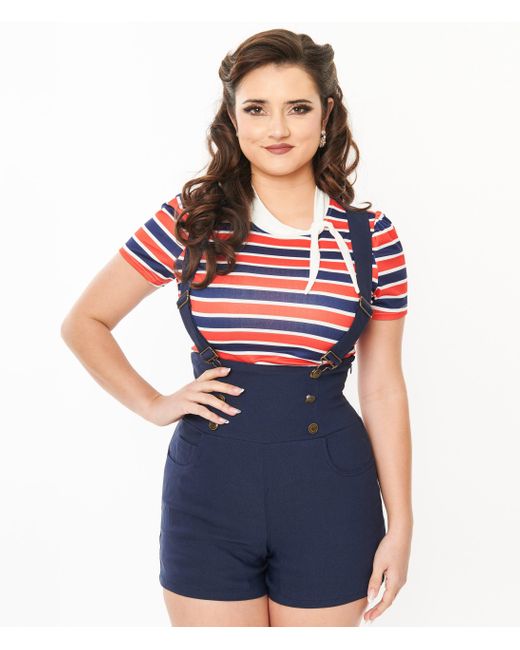 Unique Vintage Blue Navy & Red Striped Bow Sweetie Knit Top