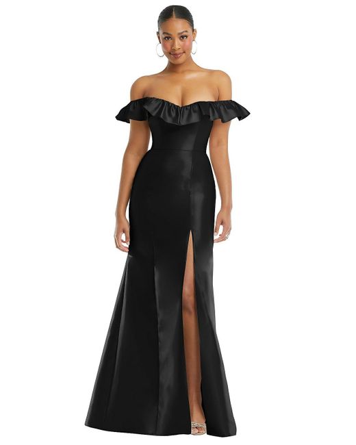 Alfred Sung Black Off-the-shoulder Ruffle Neck Satin Trumpet Gown