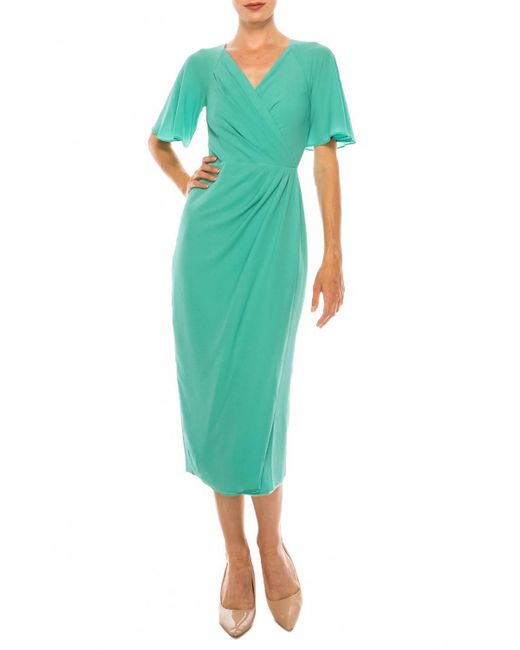 Maggy London Green Short Sleeve Wrap Midi Dress