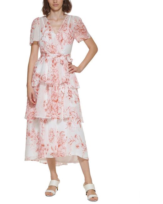 Calvin Klein Pink Petites Floral Short Sleeve Midi Dress