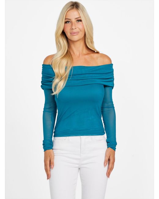Guess Blue Lacey Sheer Off-The-Shoulder Top