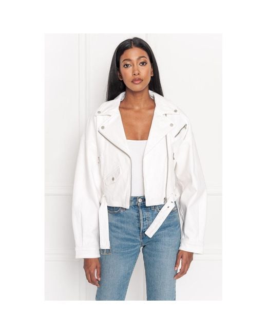 Lamarque Women's White Dylan 80's Leather Biker Jacket
