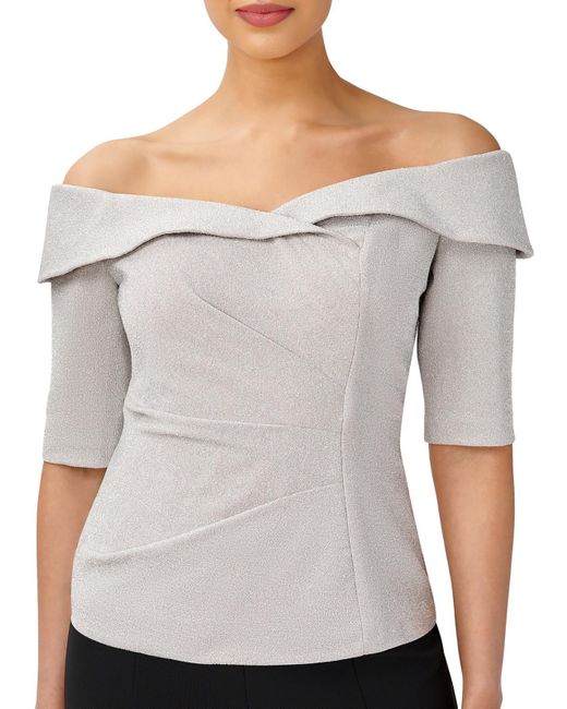 Adrianna Papell Gray Metallic Gathered Off The Shoulder