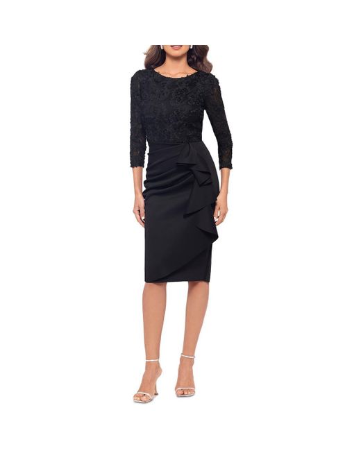 Xscape Black Ruffled Polyester Midi Dress