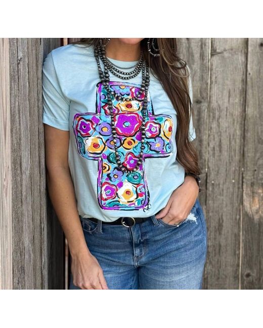 Texas True Threads Blue Floral Cross Tee