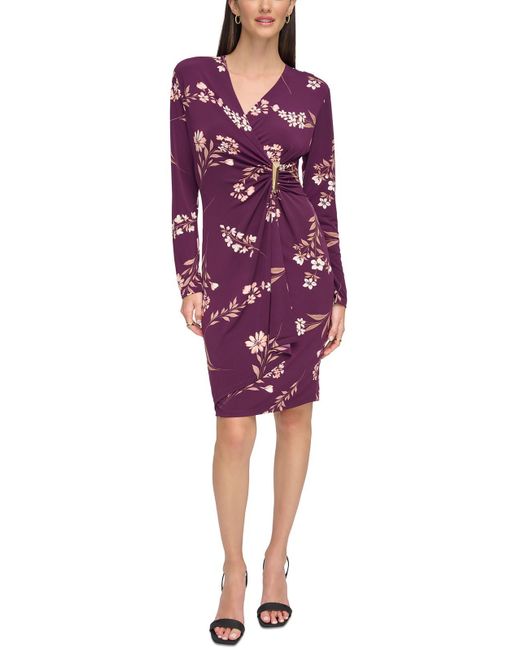 Calvin Klein Purple Floral Print Polyester Wrap Dress
