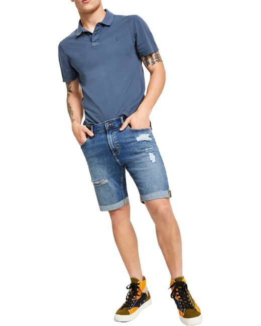 Sun & Stone Blue Destroyed Denim Denim Shorts for men