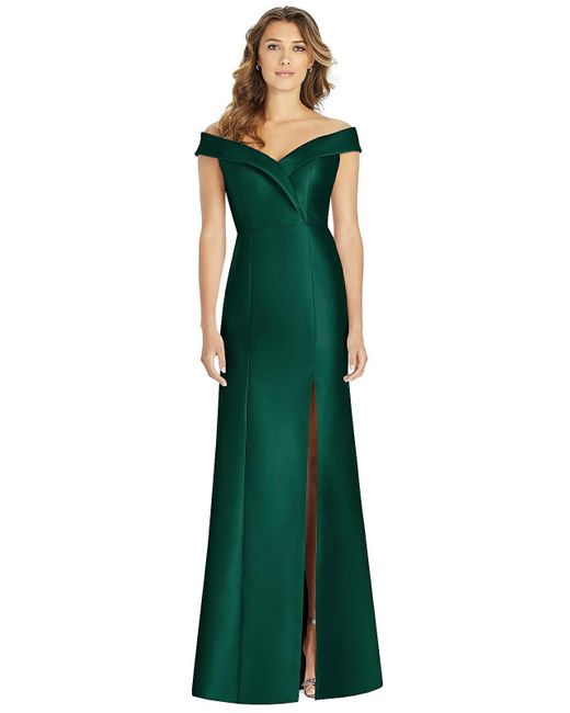 Alfred Sung Green Off-the-shoulder Cuff Trumpet Gown With Front Slit