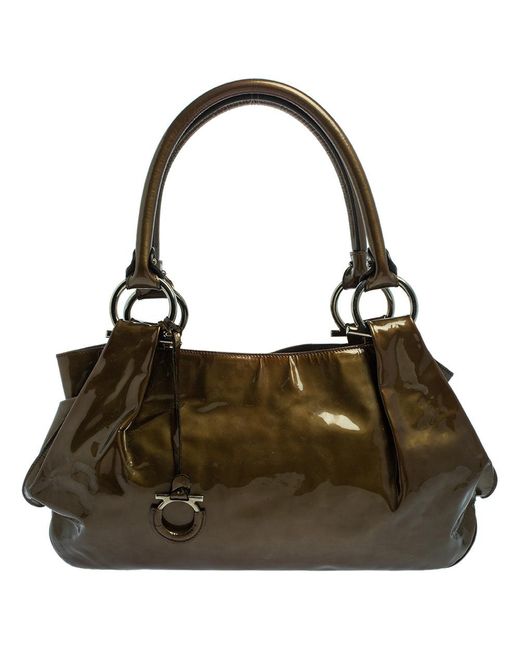 Ferragamo Brown Olive Patent Leather Shoulder Bag