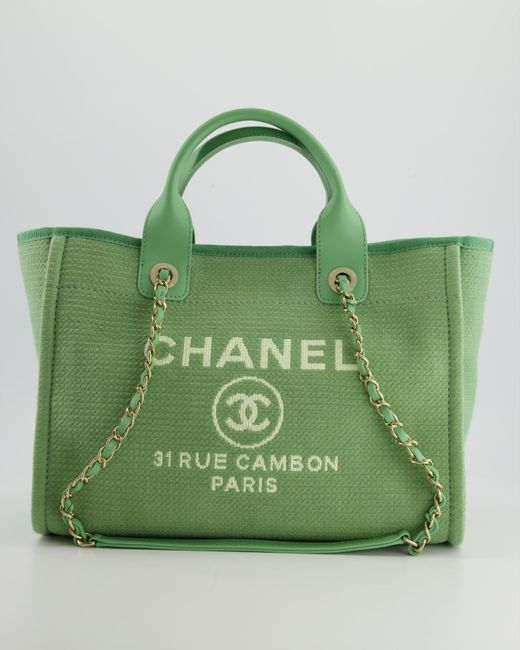 Chanel Green Pistachio Canvas Small Deauville Tote Bag With Champagne Gold Hardware